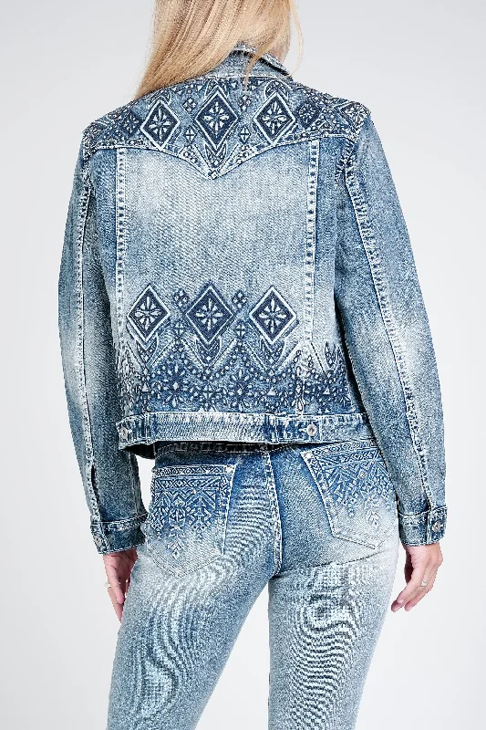 Aztec 3D Printing Embroidery Denim Jacket