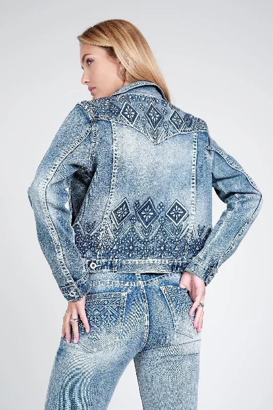 Aztec 3D Printing Embroidery Denim Jacket