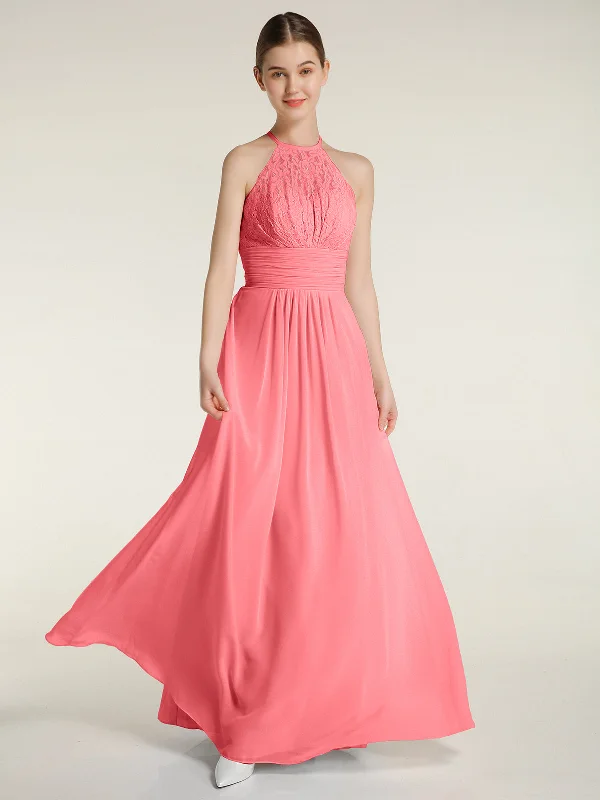 Halter Chiffon And Lace Long Dresses Watermelon