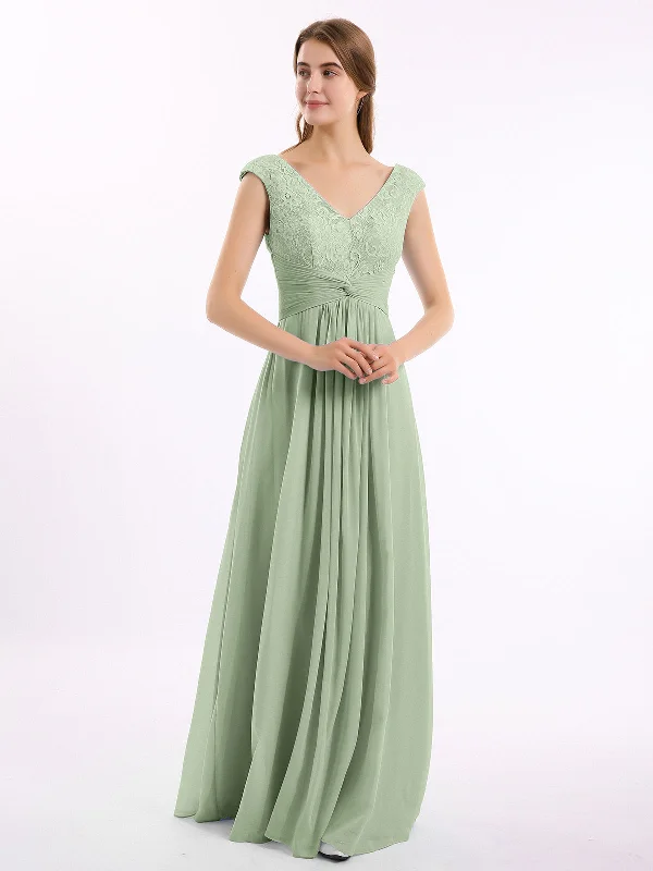 Cap Sleeves Chiffon and Lace Dress with V NECK Dusty Sage