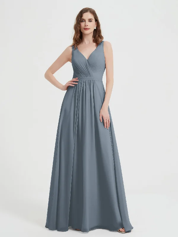 Open Back Chiffon Dresses with V neck Slate Blue