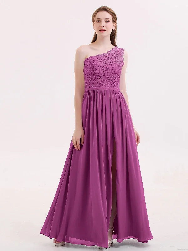 One Shoulder Chiffon And Lace Dress with Slit Orchid