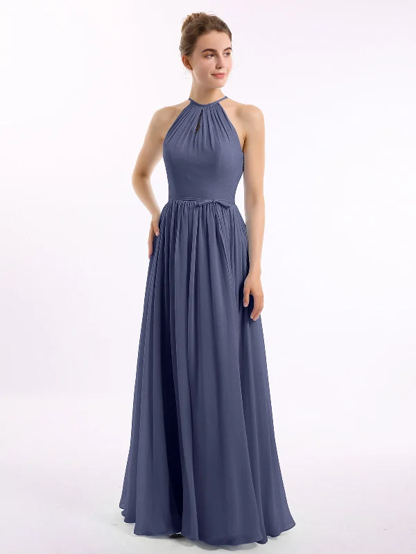 Long Halter Chiffon Dresses with Open Back Stormy