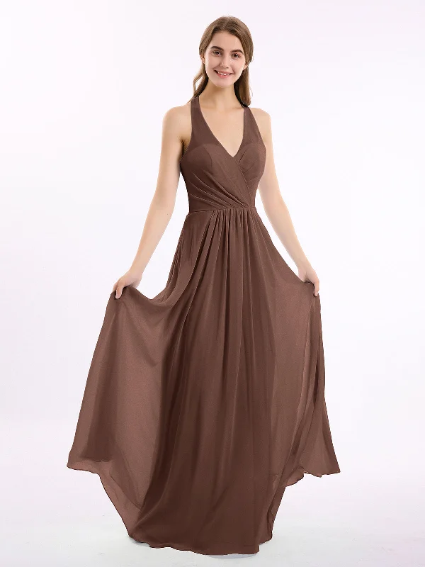 V Neckline Chiffon Dress with Bow Straps Chocolate