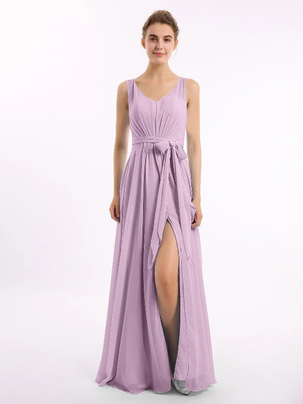 V neck Chiffon Bow Sash Gowns with Split Wisteria