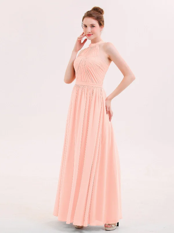 Halter Chiffon Long Bridesmaid Gown with Belt Coral