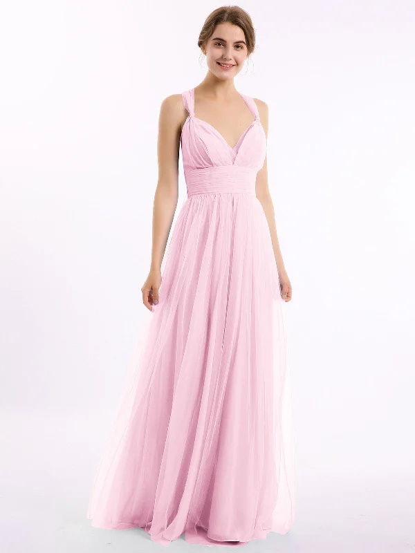 Convertible Back Floor Length Tulle Dresses Candy Pink