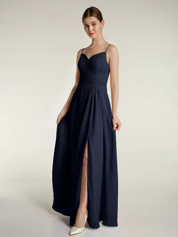 Spaghetti Straps Chiffon Gowns with Sweetheart Dark Navy