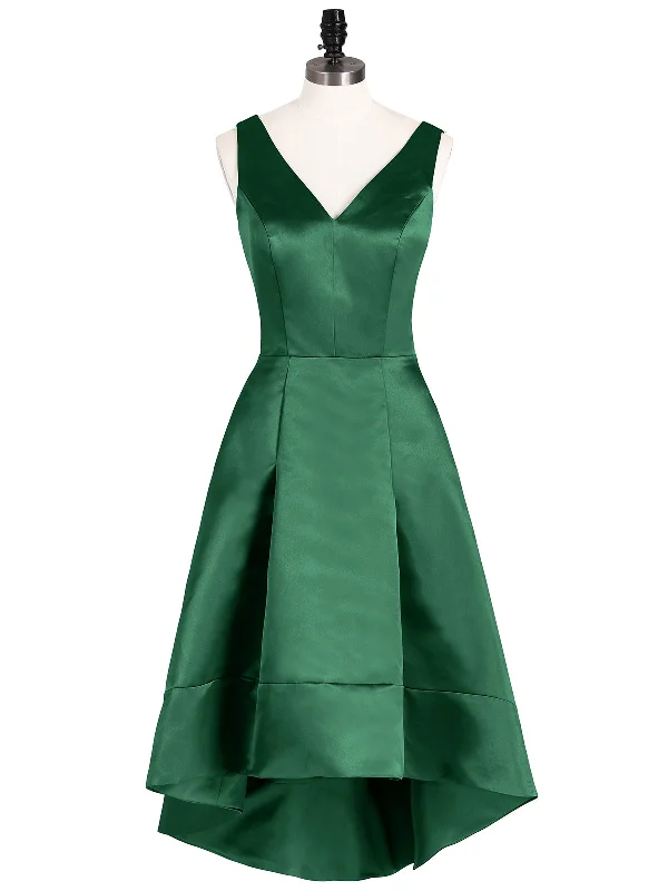 V-neck Satin High Low Bridesmaid Dresses-Dark Green