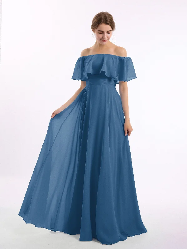 Off the Shoulder Chiffon Full Length Dress-Ink Blue