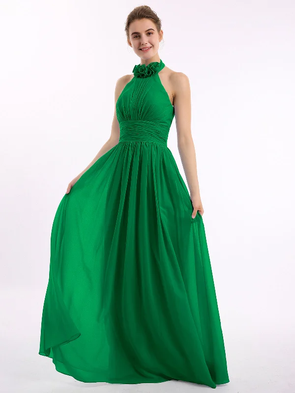 Halter Chiffon Full Length Dress with Flowers-Emerald