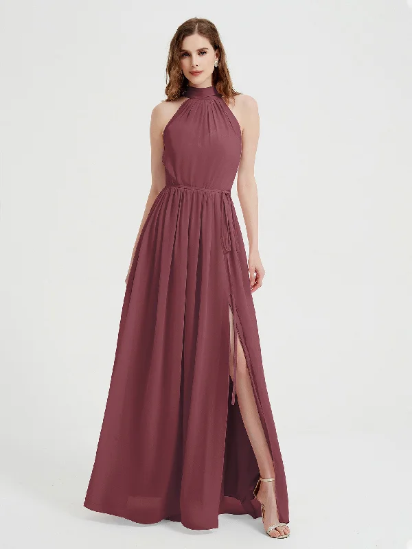 High Neck Chiffon Dresses with Slit and Sash Bow-Mulberry