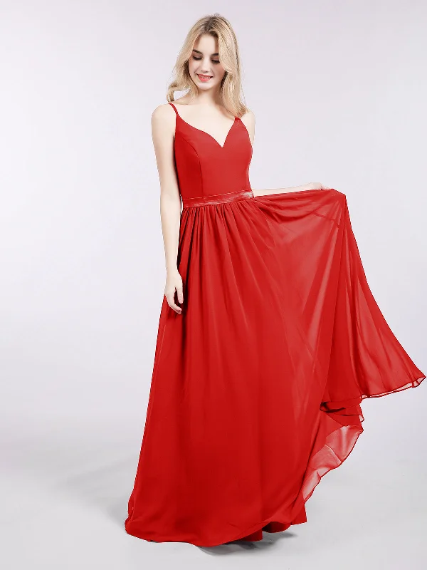 Spaghetti Strap Chiffon Bridesmaid Dress-Red