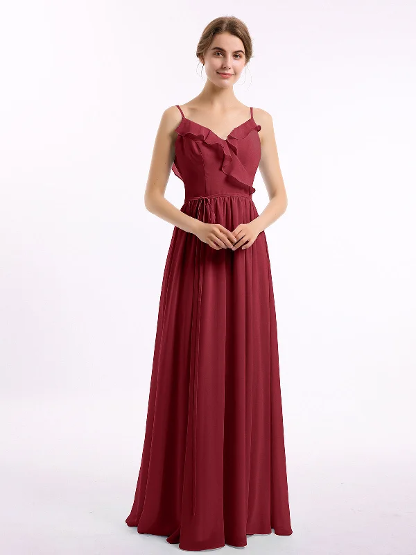 Spaghetti Strap Chiffon Bridesmaid Gowns with V-neck-Burgundy