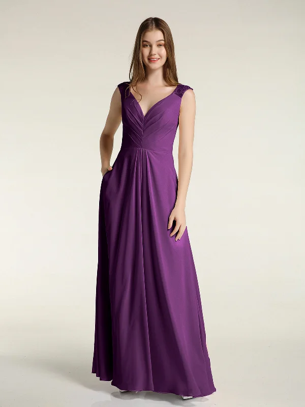 Lace Straps V-neck Chiffon Dresses with Pockets-Grape