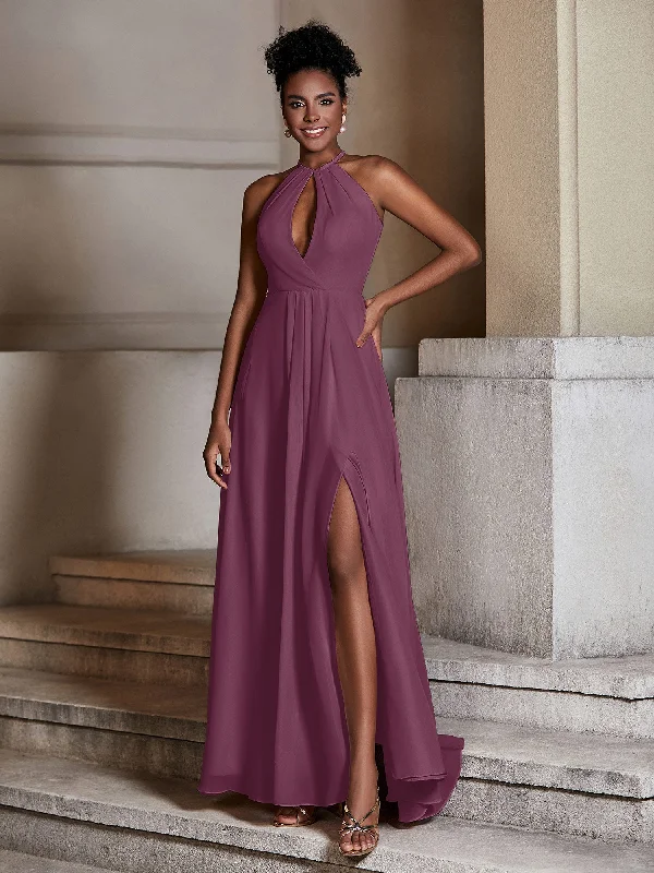 Chiffon Long Halter Dresses with Slit-Mulberry