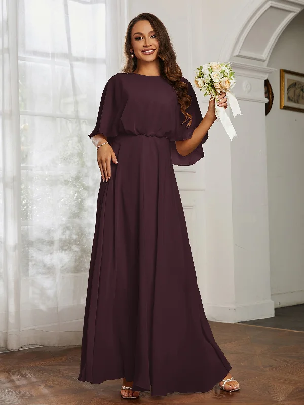 Flutter Sleeves Long Chiffon Bridesmaid Dresses-Cabernet