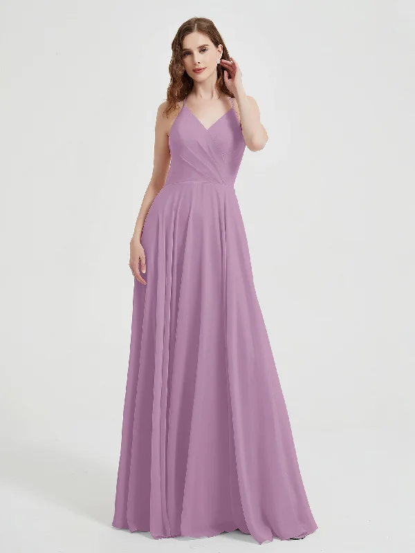 V-neck Cross Back Chiffon Bridesmaid Dresses-Wisteria