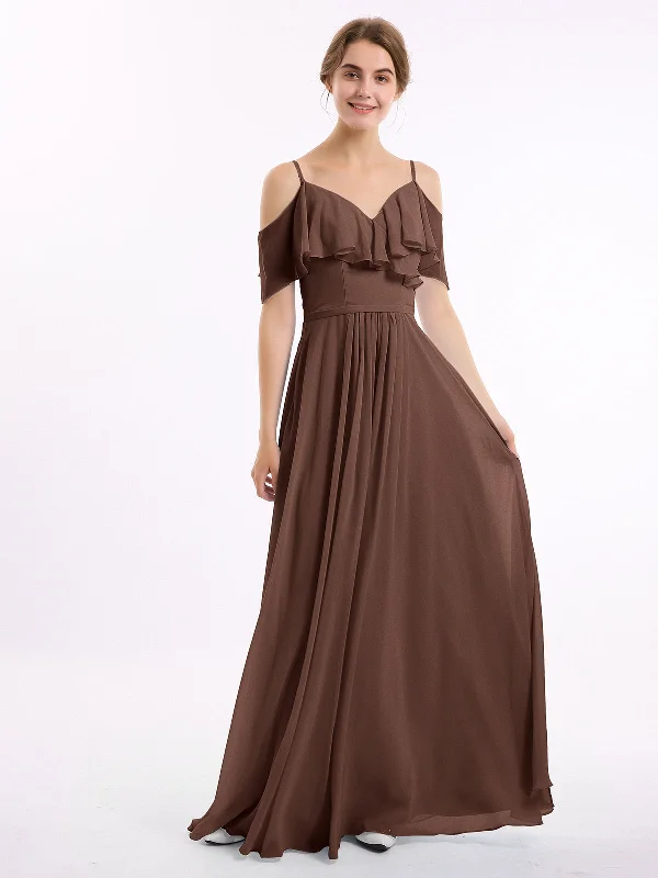 Off the Shoulder Spaghetti Strap Bridesmaid Gowns-Chocolate