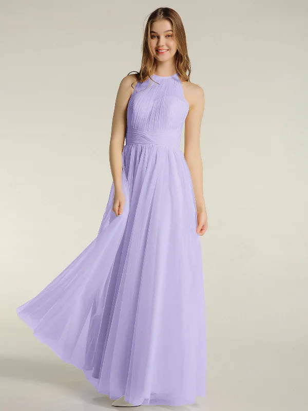 Illusion Neck Corss Waist Tulle Dresses-Lilac