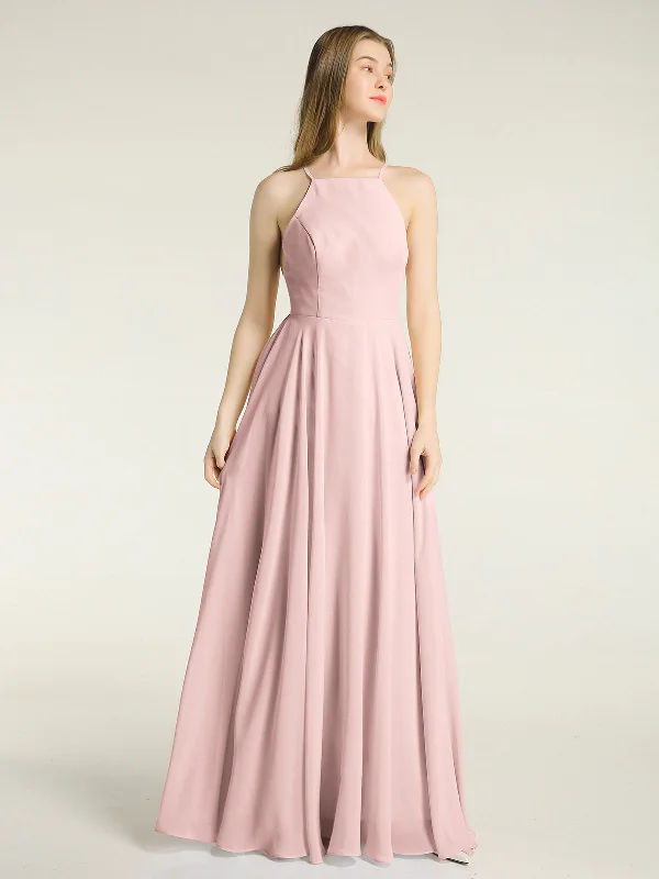 Low Back Simple Chiffon Birdesmaid Dresses-Dusty Rose