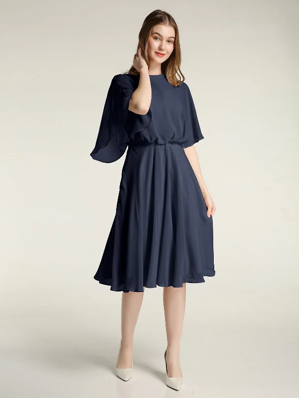 Scoop Neck Flutter Sleeves Short Chiffon Dresses-Dark Navy