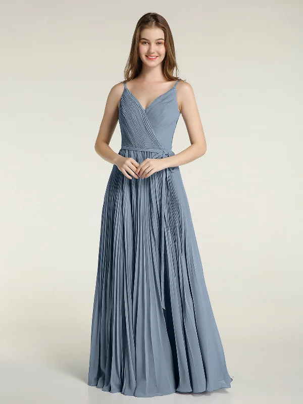 V-neck Full Pleated Skirt Dresses with Bow Sash-Dusty Blue