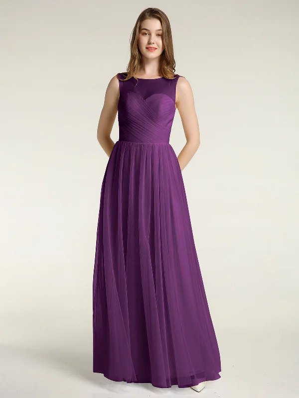 Illusion Neck Cross Tulle Bridesmaid Dresses-Grape