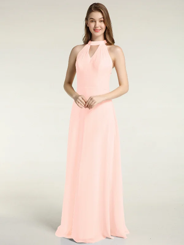 Halter Chiffon Long Bridesmaid Gowns with Low Back-Pearl Pink