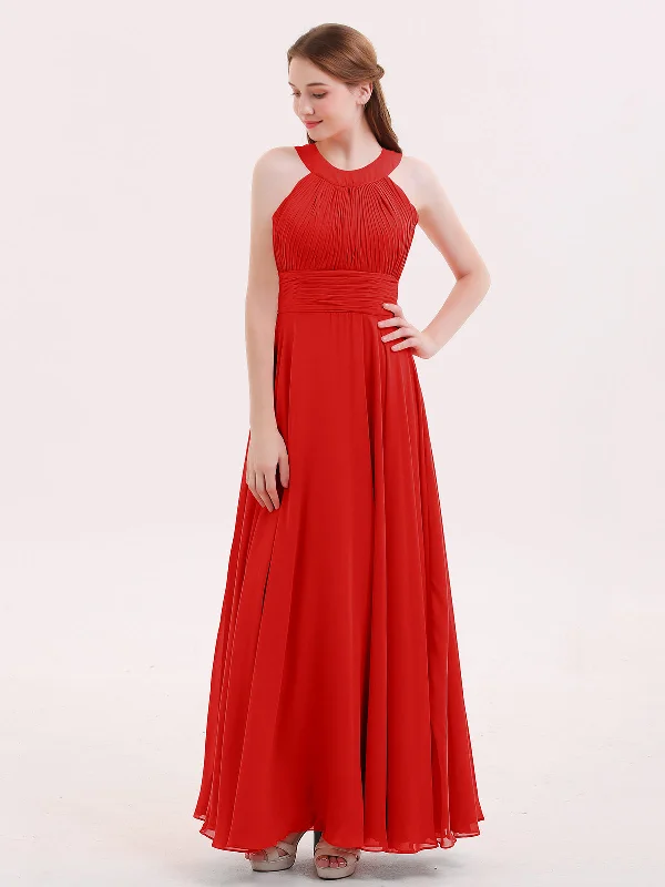 Halter Neck Open Back Chiffon Bridesmaid Dress-Red