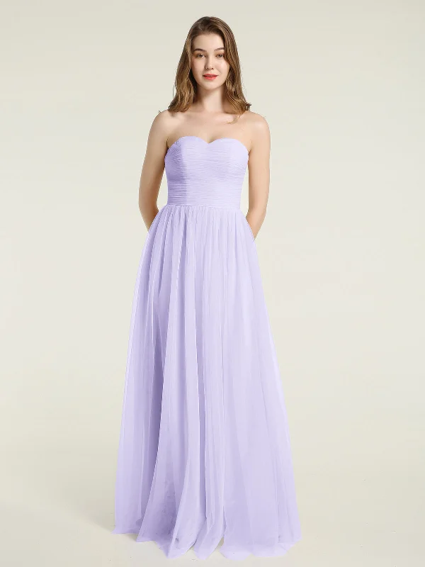 Strapless Sweetheart Long Tulle Bridesmaid Dresses-Lilac