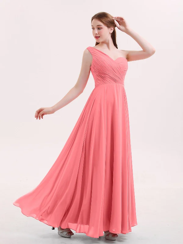 One Shoulder Chiffon Long Bridesmaid Gown-Watermelon