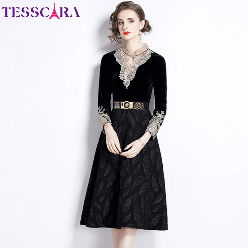 Black Elegant Velvet Jacquard Cocktail Midi Dress