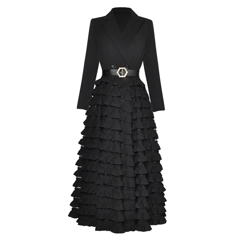 Black Long Sleeve Double Breasted Belt Ruffle Elegant Midi Dress