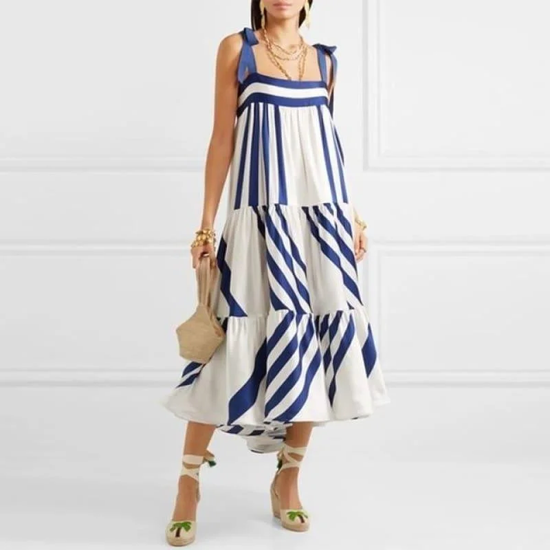 Blue and White Striped Spaghetti Strap Long Back Less Bow Lace Up Maxi Dress