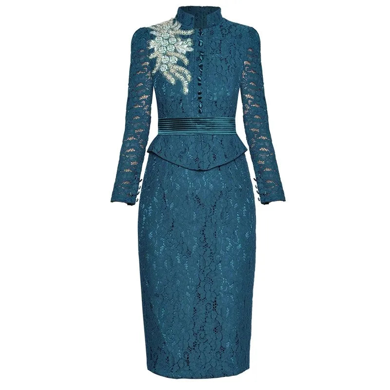 Blue Embroidery Long Sleeve Beaded Lace Midi Dress