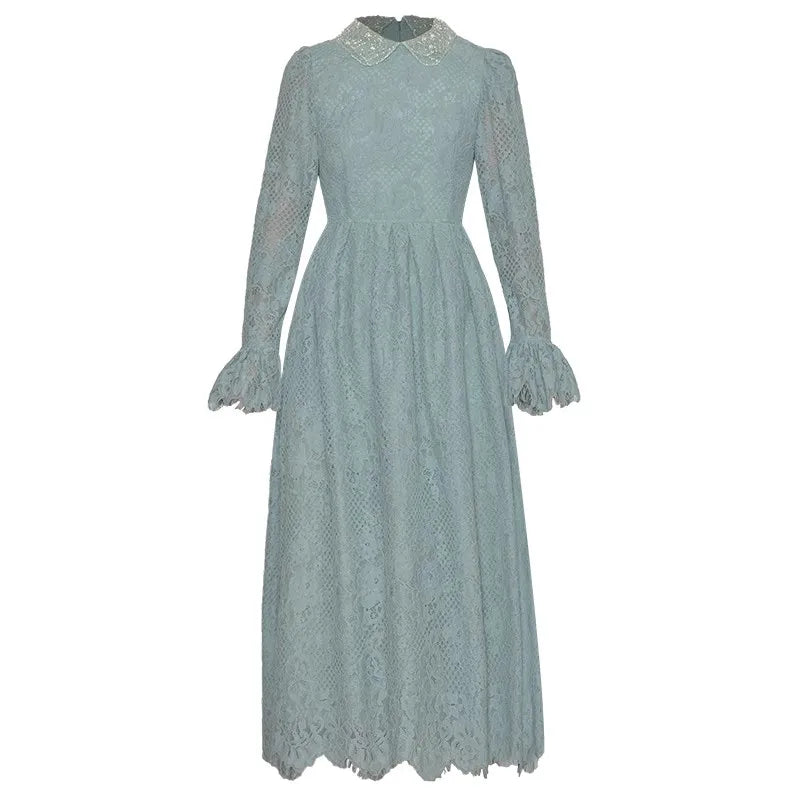 Blue Lace Peter Pan Collar Flare Sleeve Vintage Long Midi Dress