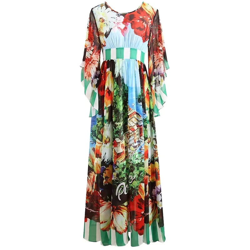 Chiffon Flare Sleeve Coastal City Floral Print Bohemian Maxi Dress