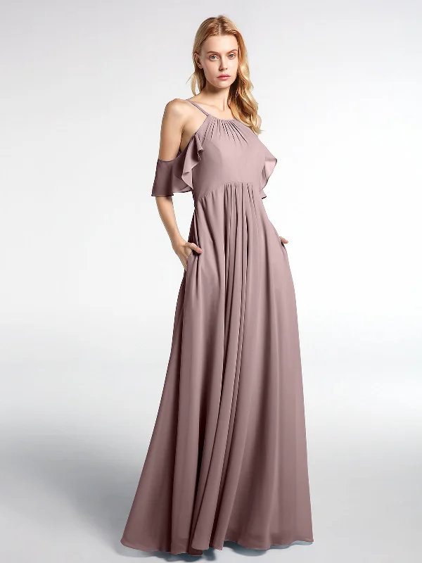 Cold-Shoulder Chiffon Empire Dress with Pockets-Vintage Mauve