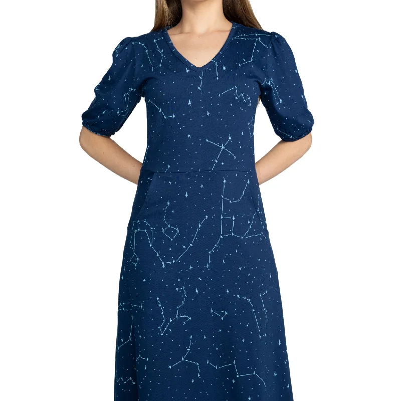 Constellations Glow-in-the-Dark Navy Long Midi Dress (With Waist Seam)