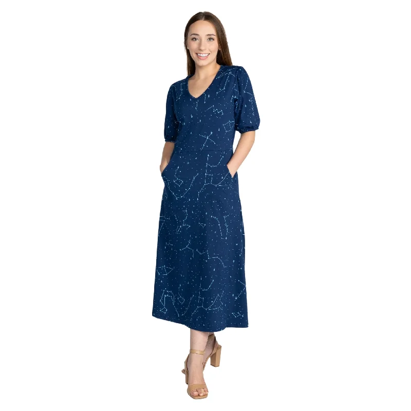 Constellations Glow-in-the-Dark Navy Long Midi Dress (With Waist Seam)