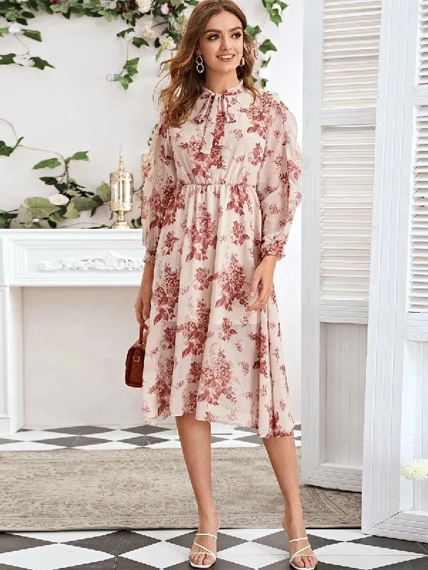 MegaBetty - Floral Print Neck Tie Elastic Waist Lantern Sleeve Dress