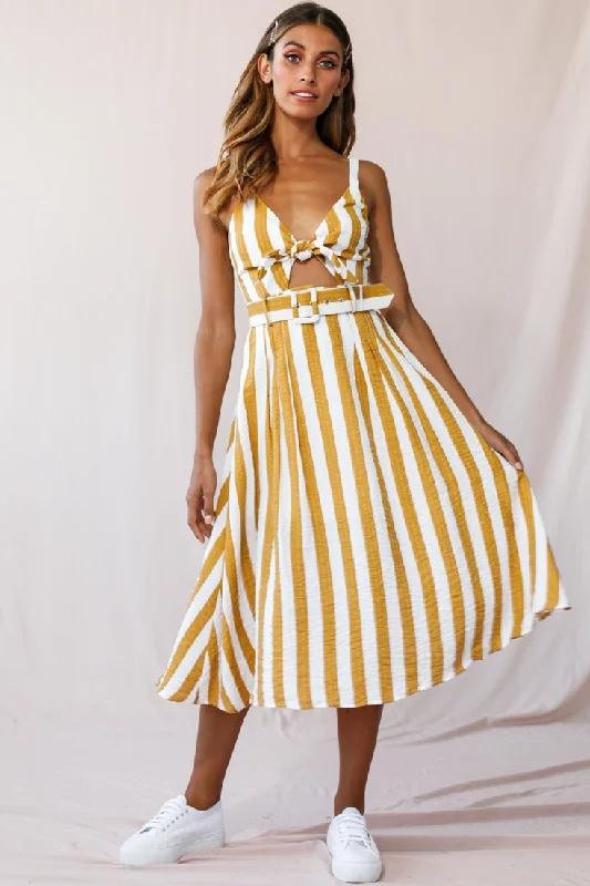 Crystal Tied Knot Belt Midi Dress Mustard