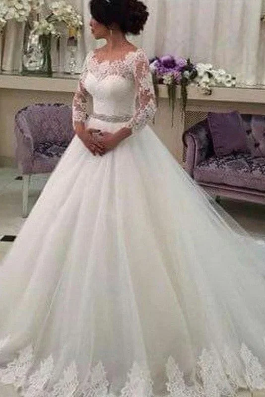 Long Sleeves Ball Gowns Lace Vestido de Noiva CustomizedTulle Wedding Dresses With Beaded Sash