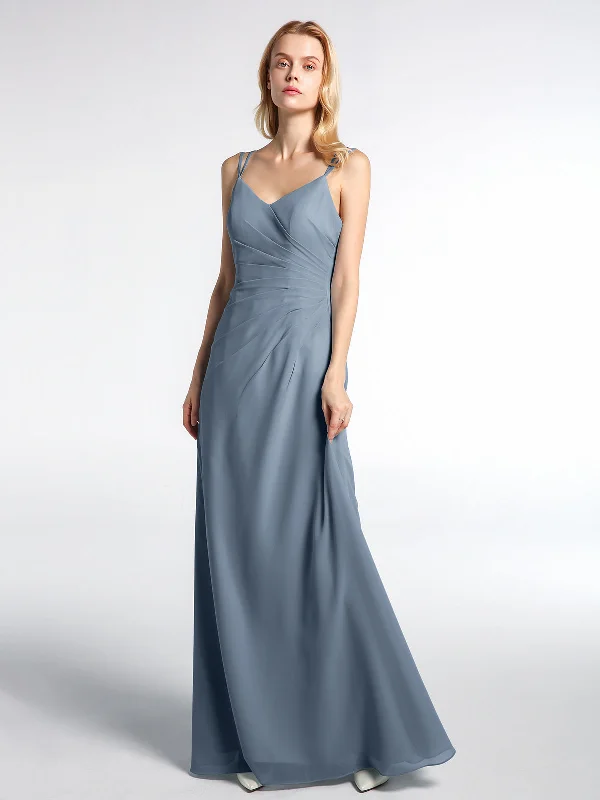 Double Straps Cross Back Chiffon Maxi Dress-Dusty Blue