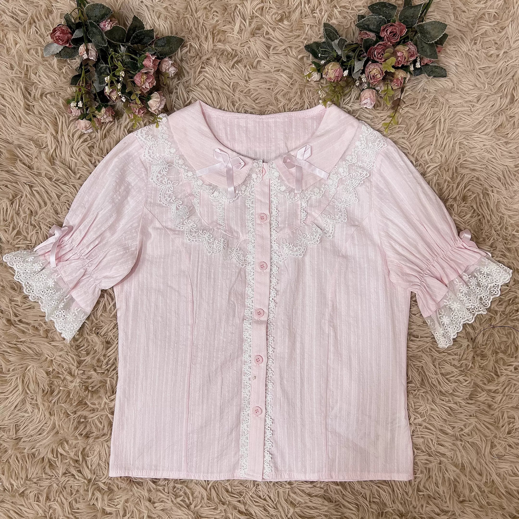 S / pink - white lace - short sleeve