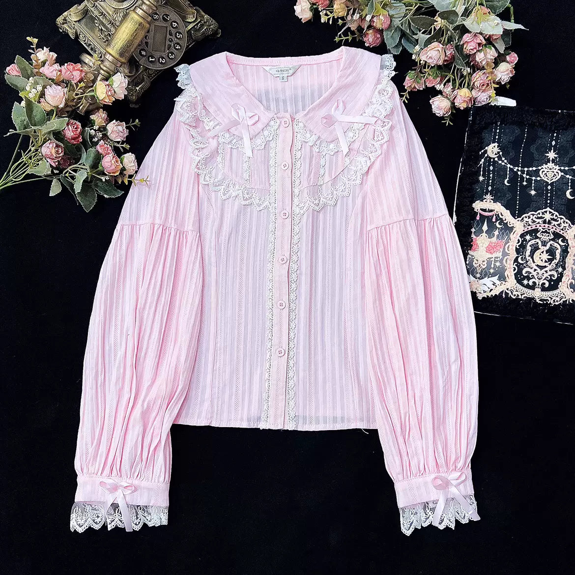 S / pink - white lace - long sleeve