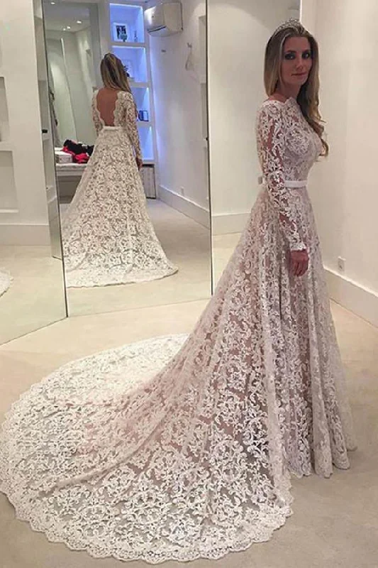 Elegant Ivory A Line Bateau Lace Long Sleeve Backless Wedding Dresses With Court Train