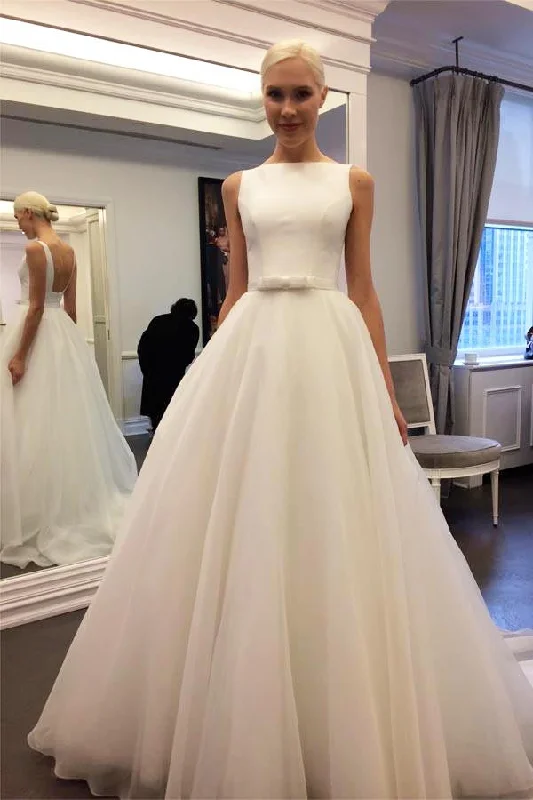 Elegant Ivory Backless Sleeveless A Line Tulle Wedding Dresses with Belt N342