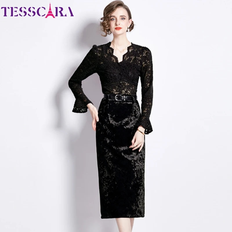 Elegant Lace & Velvet Dress Suit Set